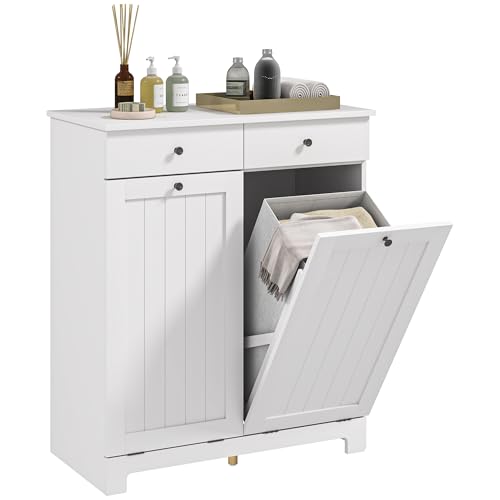 HOMCOM Badezimmer-Wäscheschrank mit 2 Klapptüren und Schmutzkörben, Badezimmerschrank Wäscheschrank aus Holz mit 2 Schubladen und faltbaren Wäschesäcken, 78x38x90 cm, Weiß HOMCOM Badezimmer-Wäscheschrank mit 2 Klapptüren und Schmutzkörben, Badezimmerschrank Wäscheschrank aus Holz mit 2 Schubladen und faltbaren Wäschesäcken, 78x38x90 cm, Weiß
