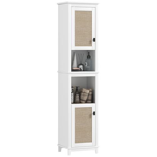 HOMCOM Badezimmerschrank mit 2 Türen mit Rattanfronten Boho-Badeschrank mit verstellbaren Einlegeböden und 2 Fächern 40x30x167,5 cm Weiß HOMCOM Badezimmerschrank mit 2 Türen mit Rattanfronten Boho-Badeschrank mit verstellbaren Einlegeböden und 2 Fächern 40x30x167,5 cm Weiß