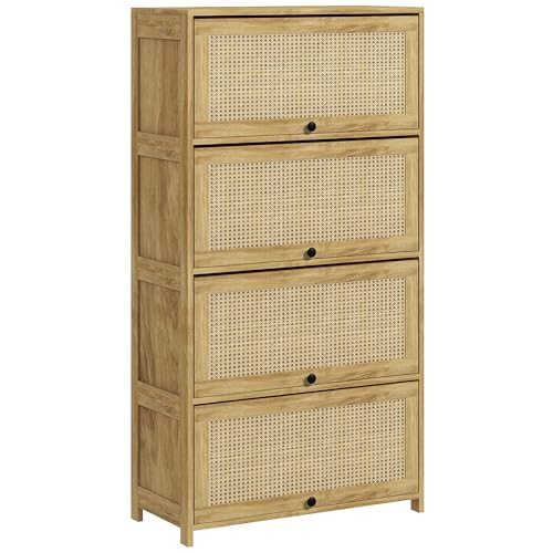HOMCOM Boho Style Küchenschrank mit 4 Klapptüren, Spanplatte und Rattan Küchenanrichte, 70x32x132,8 cm, Holzfarbe von HOMCOM