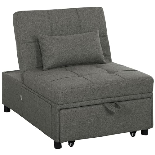 HOMCOM Einzelbettsessel 4-in-1 umwandelbar in Chaise Longue und Fußhocker, Moderner Sessel mit Click Clac System und Seitentaschen für Wohn- und Arbeitszimmer, Dunkelgrau