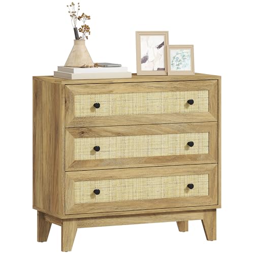 HOMCOM Kommode mit 3 Schubladen Schmale Schlafzimmer Kommode mit Rattan Fronten und erhöhten Beinen Kommode für Wohnzimmer Büro 80x35x76 cm Natur von HOMCOM