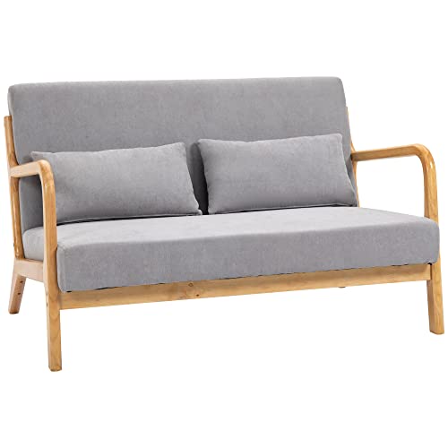 HOMCOM Modernes und platzsparendes 2-Sitzer-Sofa aus Holz mit Kissen, gepolstertem Sitz und Samt-Effekt-Stoff, 122x80x72 cm, Grau von HOMCOM