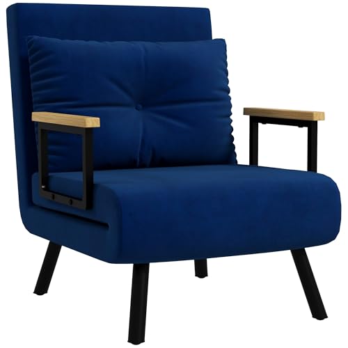 HOMCOM Schlafsofa mit verstellbarer Rückenlehne in 5 Stufen, klappbares Einzelschlafsofa mit Kissen für das Wohnzimmer, aus gepolstertem Stoff, Stahl und Holz, 63x73x81 cm, Blau