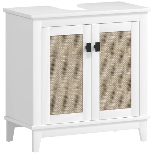 HOMCOM Unterspülschrank Badezimmerschrank mit 2 PE Rattan Türen 2 Einlegeböden und Anti-Kipp System für Badezimmer 60x30x60 cm Weiß von HOMCOM