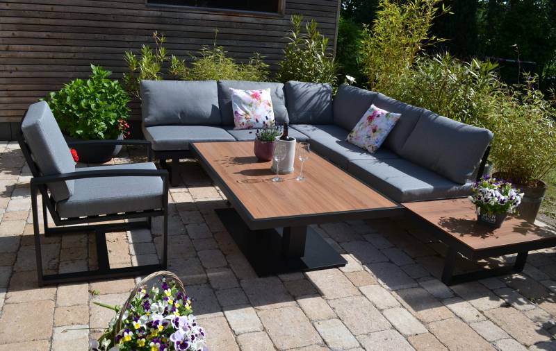 HPL Teak Gartenecklounge Beltona + 150x90 cm Lift Tisch höhenverstellbar