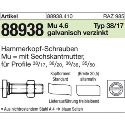 Halfenschrauben 88938 Typ 38/17 4.6 M16 x 30 gal Zn gal Zn S von Nobrand