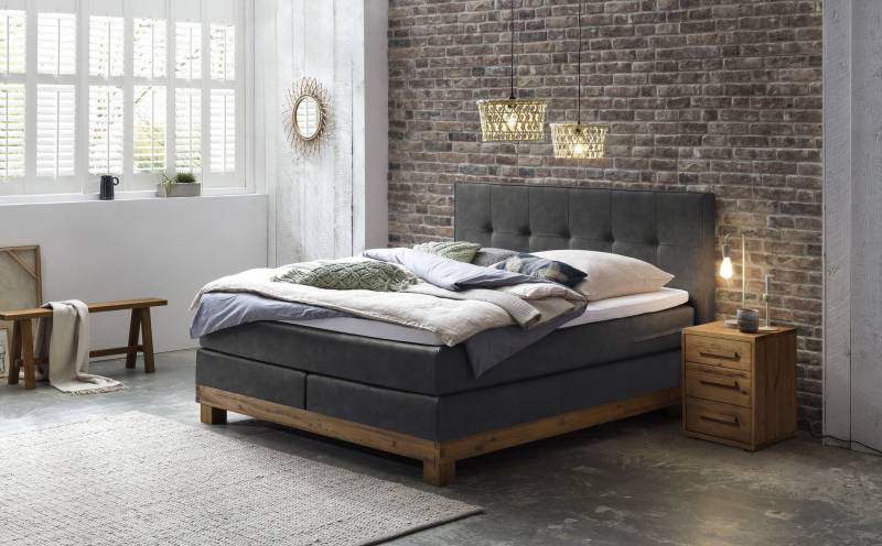 Hasena Boxspringbett Finca, Farbe: Wildeiche natur, gebürstet, geölt, Bezugsfarbe: Kul smoke, verschiedene Größen