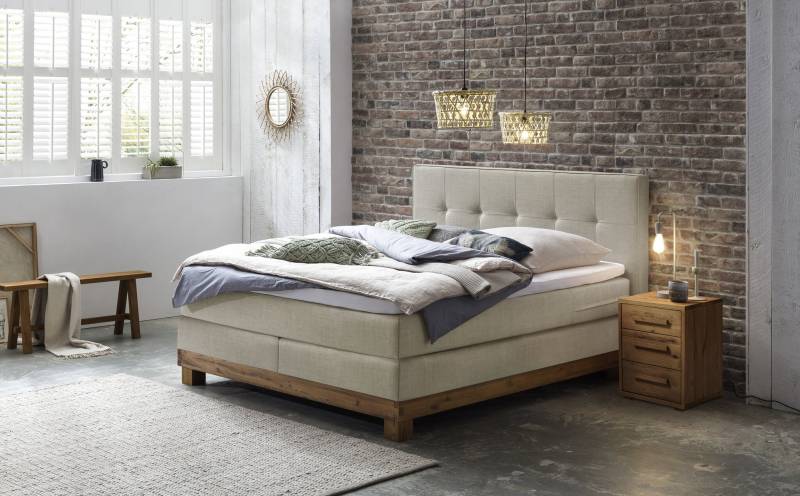 Hasena Boxspringbett Finca, Farbe: Wildeiche natur, gebürstet, geölt, Bezugsfarbe: Pepe beige, verschiedene Größen