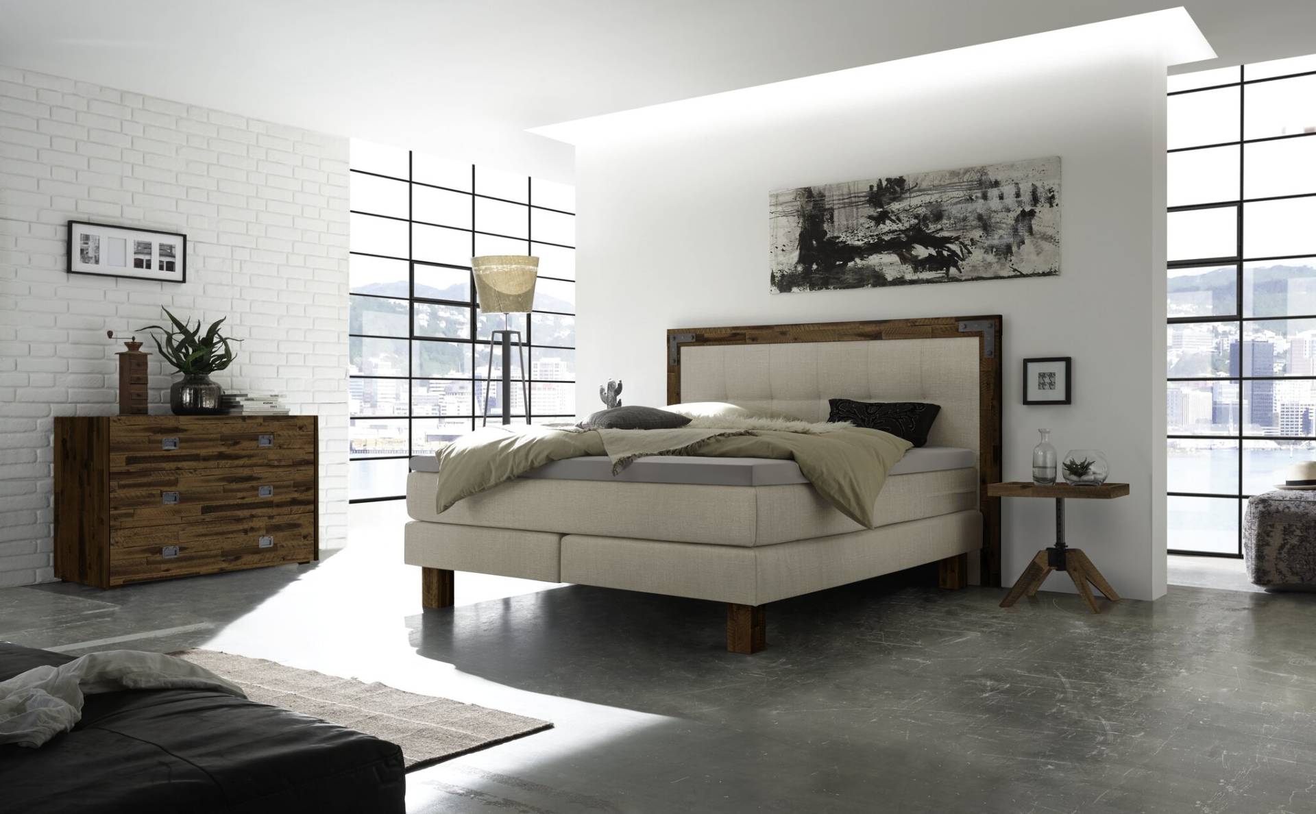 Hasena Boxspringbett Memphis, Farbe: Akazie Vintage brown, lackiert, Bezugsfarbe: Pepe beige, verschiedene Größen