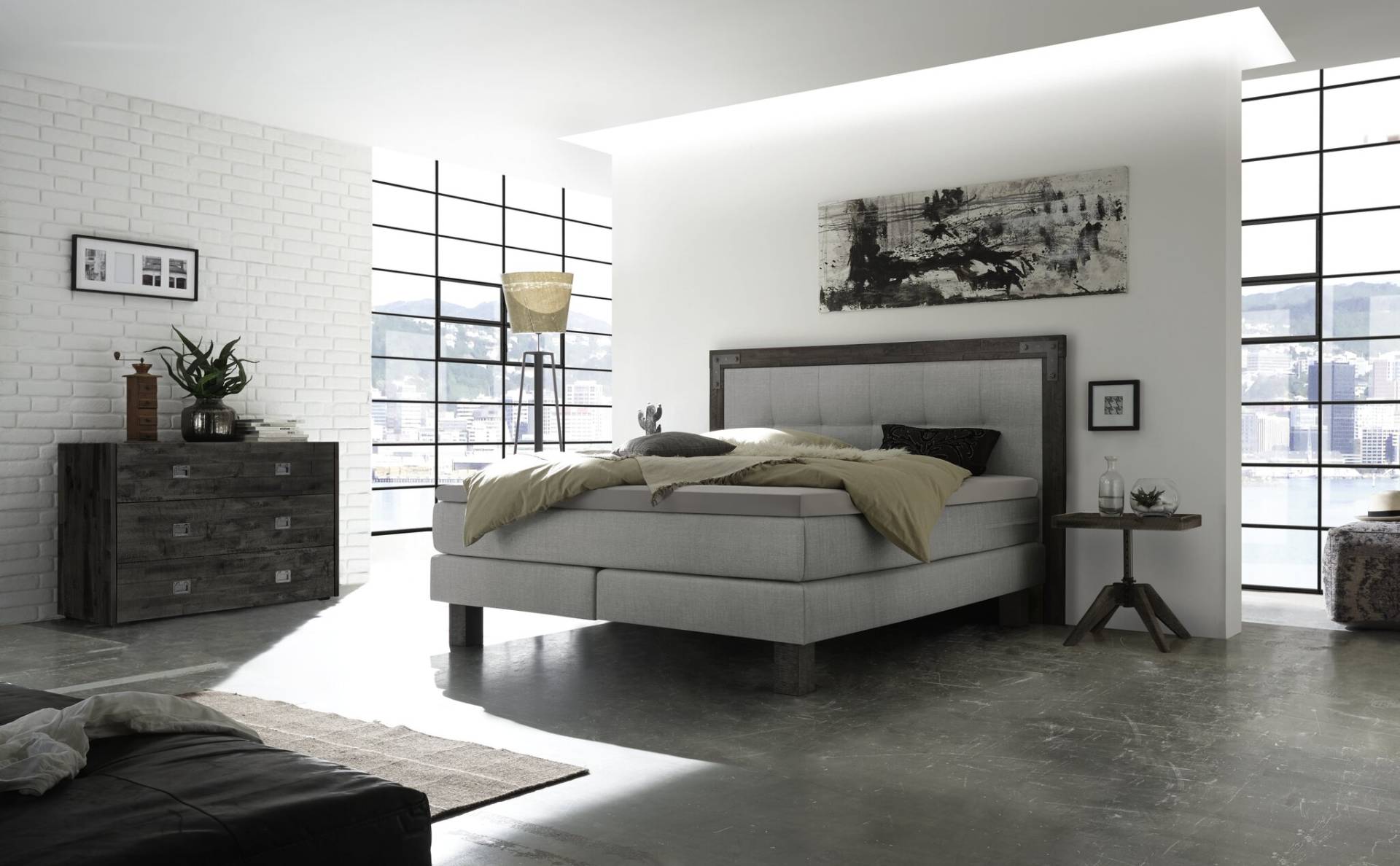 Hasena Boxspringbett Memphis, Farbe: Akazie Vintage grey, lackiert, Bezugsfarbe: Pepe grey, verschiedene Größen