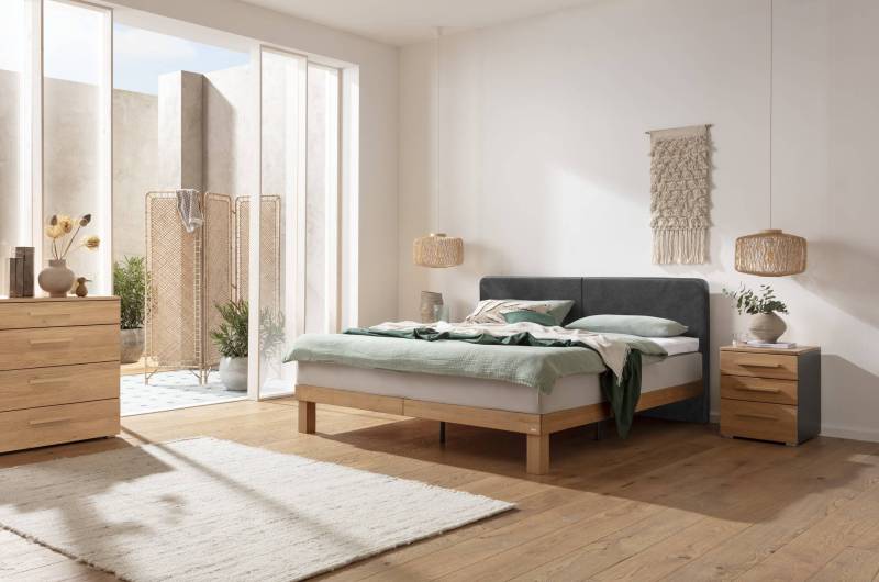 Hasena Boxspringbett Messina, Farbe: Eiche bright, geölt, Bezugsfarbe: Kul smoke, verschiedene Größen
