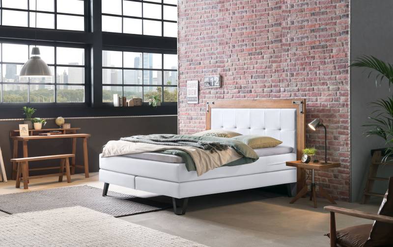 Hasena Boxspringbett Oakland, Farbe: Wildeiche natur, gebürstet, geölt, Bezugsfarbe: Kul white, Metallfarbe: Used, verschiedene Größen