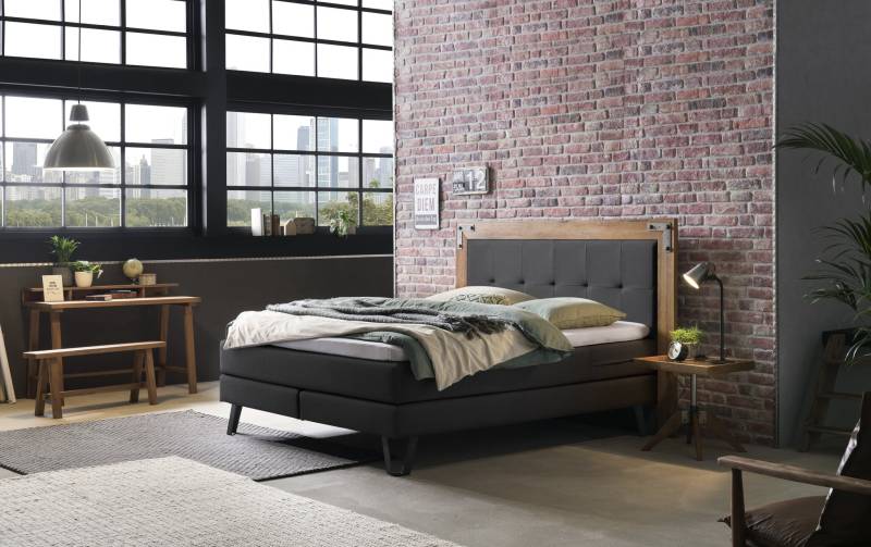 Hasena Boxspringbett Oakland, Farbe: Wildeiche natur, gebürstet, geölt, Bezugsfarbe: Pepe anthrazit, Metallfarbe: Used, verschiedene Größen