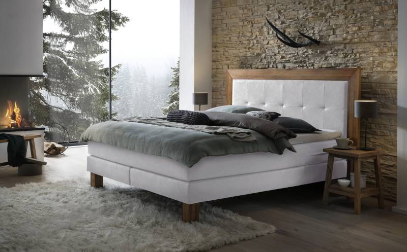 Hasena Boxspringbett Rustico, Farbe: Wildeiche natur, gebürstet, geölt, Bezugsfarbe: Kul white, verschiedene Größen