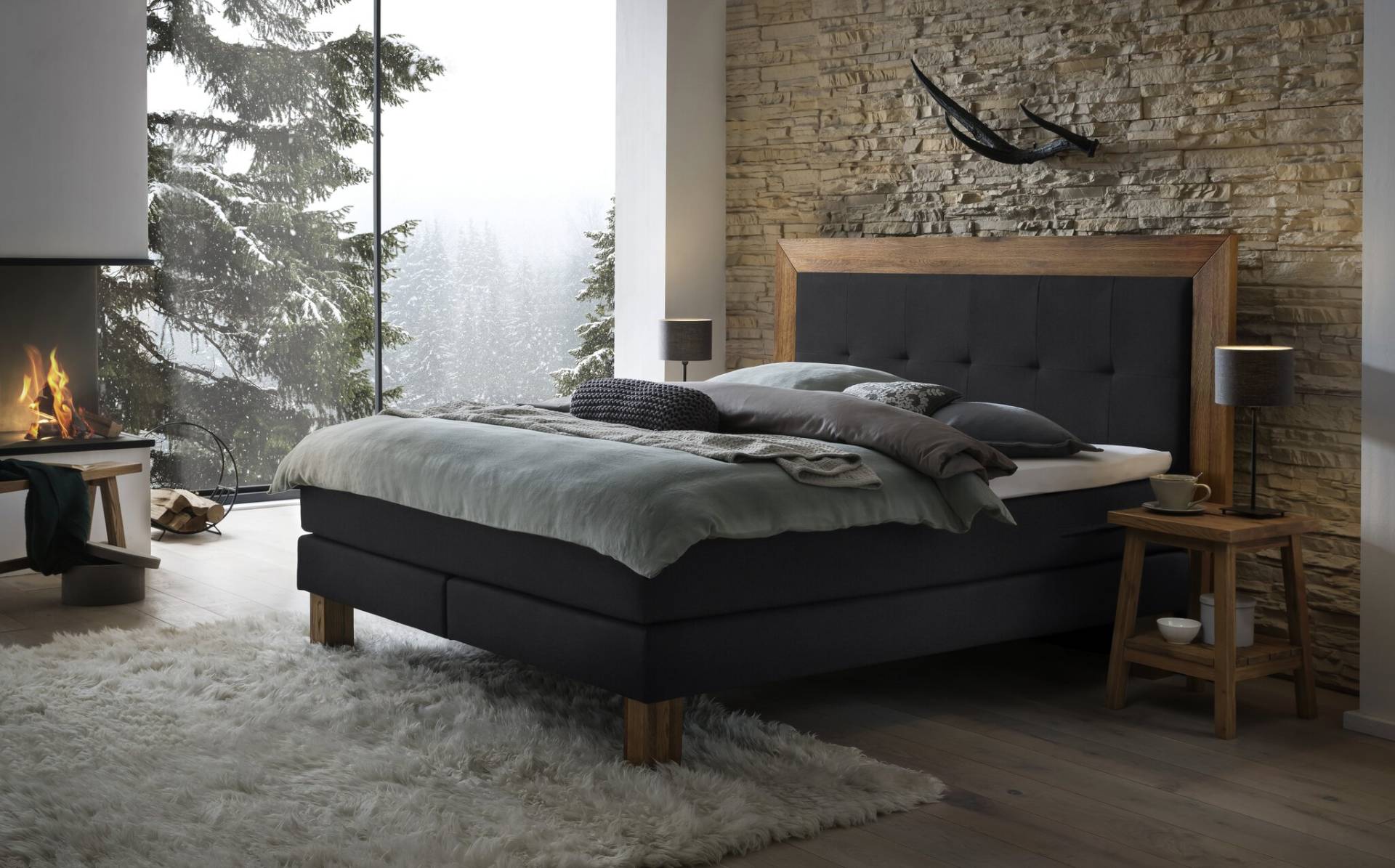 Hasena Boxspringbett Rustico, Farbe: Wildeiche natur, gebürstet, geölt, Bezugsfarbe: Pepe anthrazit, verschiedene Größen