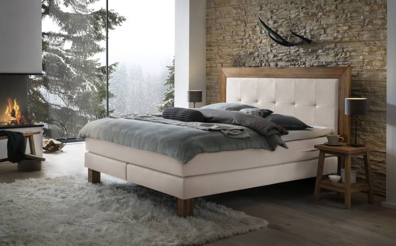 Hasena Boxspringbett Rustico, Farbe: Wildeiche natur, gebürstet, geölt, Bezugsfarbe: Pepe beige, verschiedene Größen