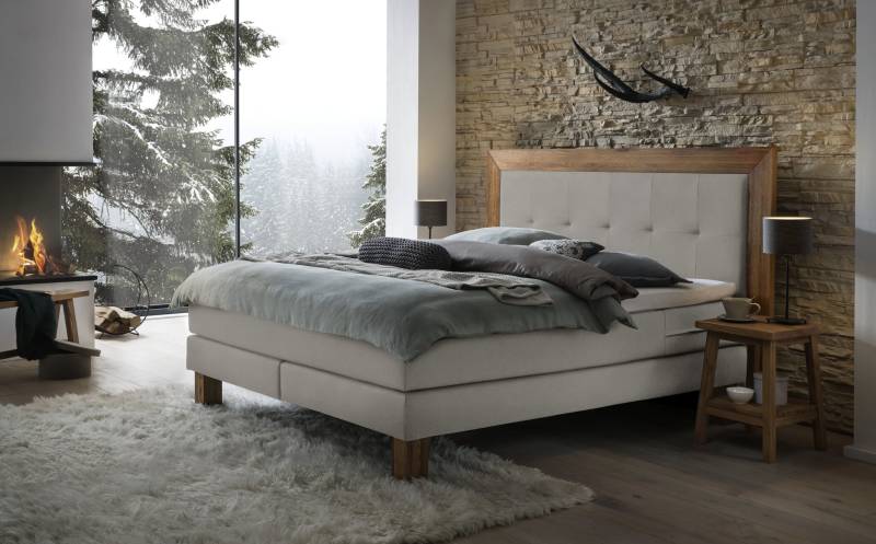 Hasena Boxspringbett Rustico, Farbe: Wildeiche natur, gebürstet, geölt, Bezugsfarbe: Pepe grey, verschiedene Größen