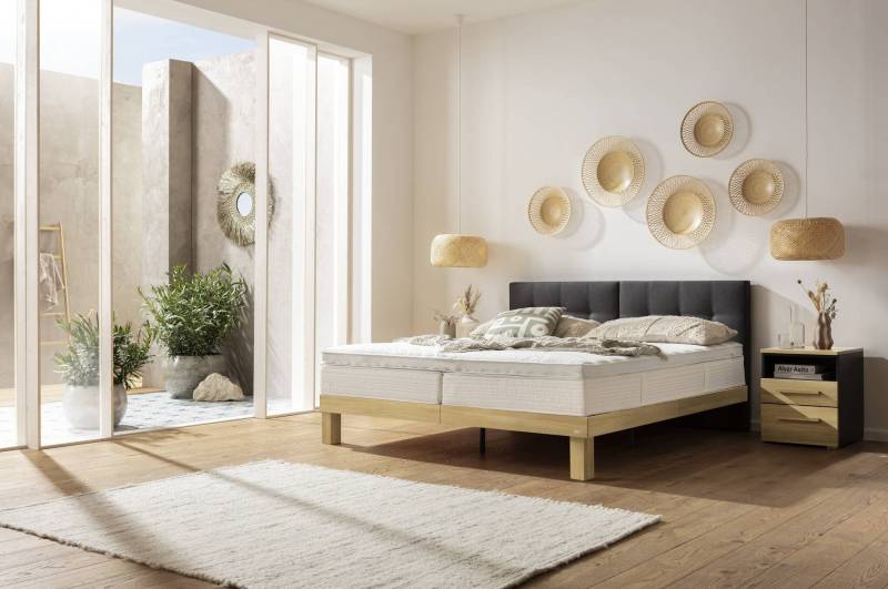 Hasena Boxspringbett Tropea, Farbe: Eiche bright, geölt, Bezugsfarbe: Kul smoke, verschiedene Größen