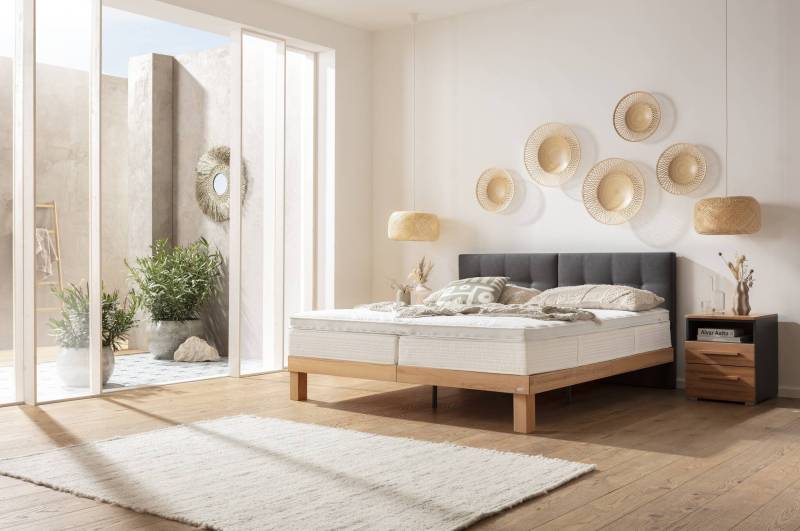 Hasena Boxspringbett Tropea, Farbe: Wildbuche natur, geölt, Bezugsfarbe: Kul smoke, verschiedene Größen