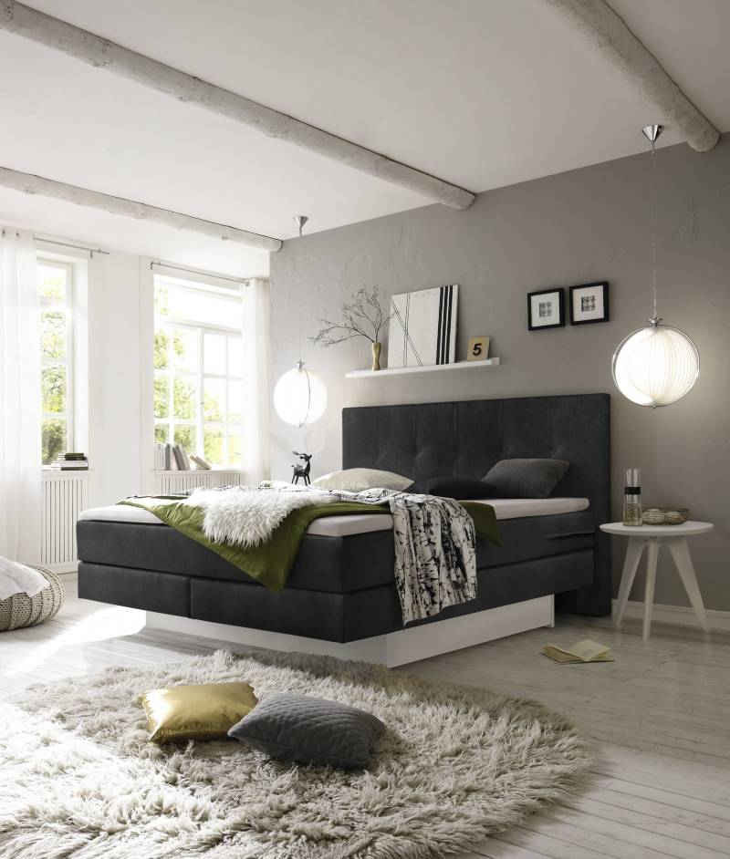 Hasena Boxspringbett inkl. Stauraum Miami, Farbe: ublade: MDF weiss / Front Bettkasten: 10-Buche weiss deckend, lackiert, Bezugsfarbe: Kul smoke, verschiedene Größen