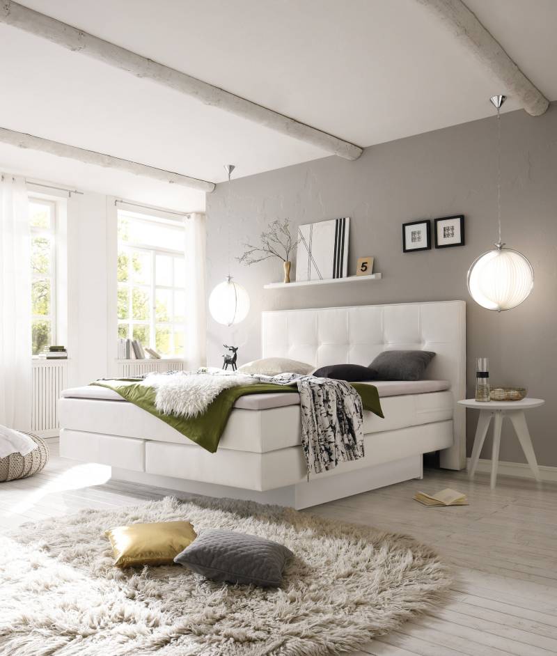 Hasena Boxspringbett inkl. Stauraum Miami, Farbe: ublade: MDF weiss / Front Bettkasten: 10-Buche weiss deckend, lackiert, Bezugsfarbe: Kul white, verschiedene Größen