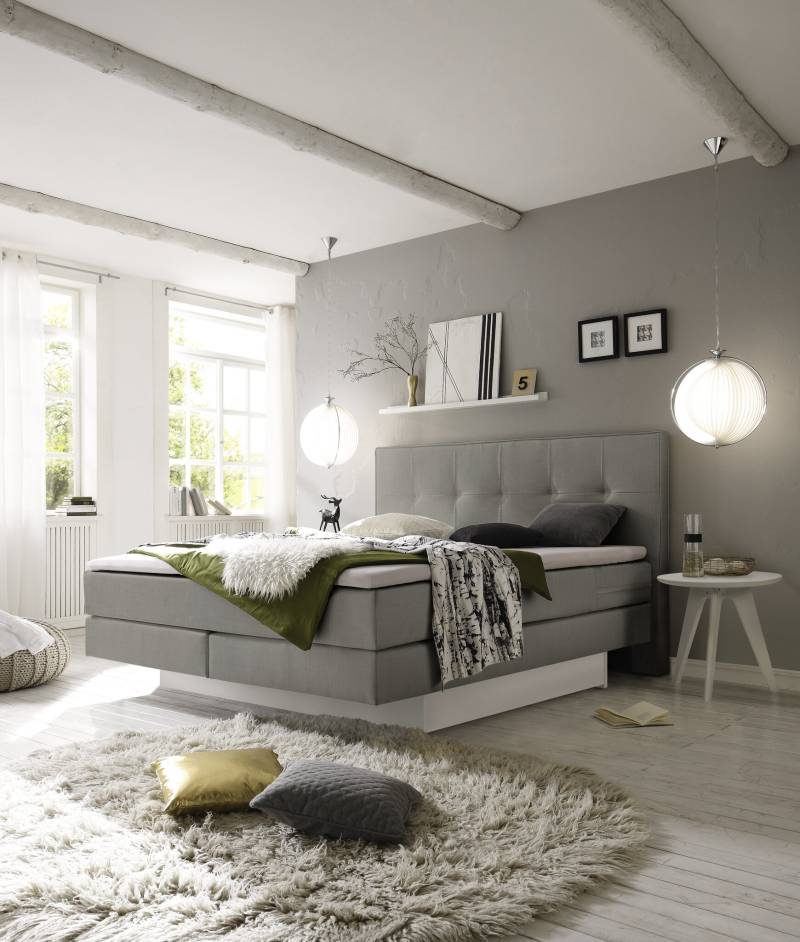 Hasena Boxspringbett inkl. Stauraum Miami, Farbe: ublade: MDF weiss / Front Bettkasten: 10-Buche weiss deckend, lackiert, Bezugsfarbe: Pepe grey, verschiedene Größen