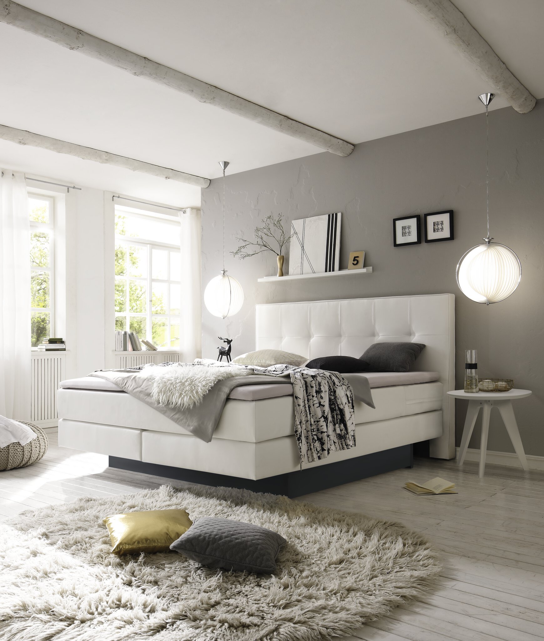 Hasena Boxspringbett inkl. Stauraum Miami, Farbe: ublade: MDF weiss / Front Bettkasten: 16-Buche anthracit deckend, lackiert, Bezugsfarbe: Kul white, verschiedene Größen