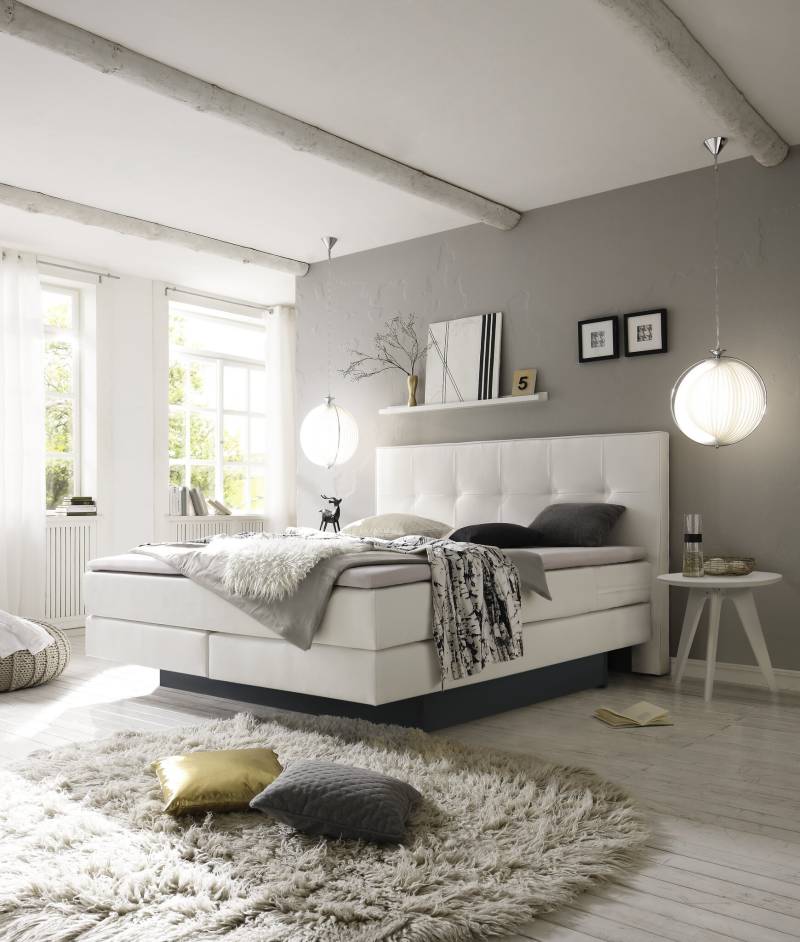 Hasena Boxspringbett inkl. Stauraum Miami, Farbe: ublade: MDF weiss / Front Bettkasten: 16-Buche anthracit deckend, lackiert, Bezugsfarbe: Kul white, verschiedene Größen