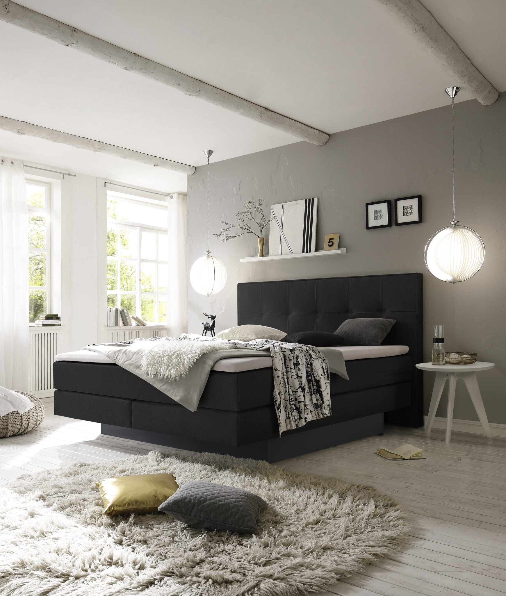 Hasena Boxspringbett inkl. Stauraum Miami, Farbe: ublade: MDF weiss / Front Bettkasten: 16-Buche anthracit deckend, lackiert, Bezugsfarbe: Pepe anthrazit, verschiedene Größen