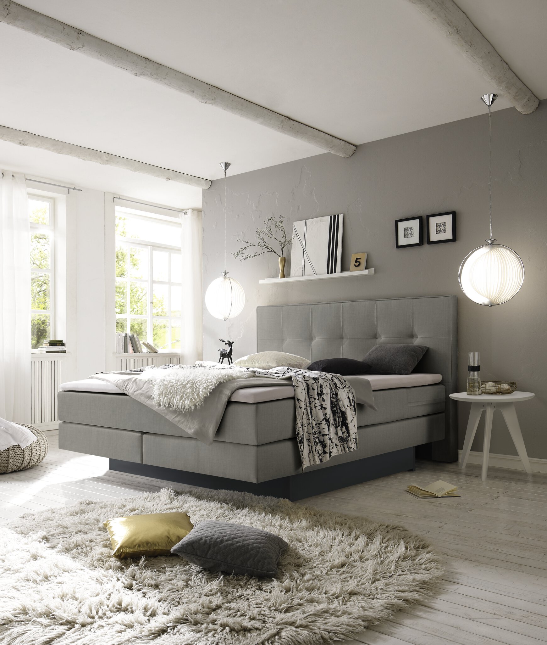Hasena Boxspringbett inkl. Stauraum Miami, Farbe: ublade: MDF weiss / Front Bettkasten: 16-Buche anthracit deckend, lackiert, Bezugsfarbe: Pepe grey, verschiedene Größen