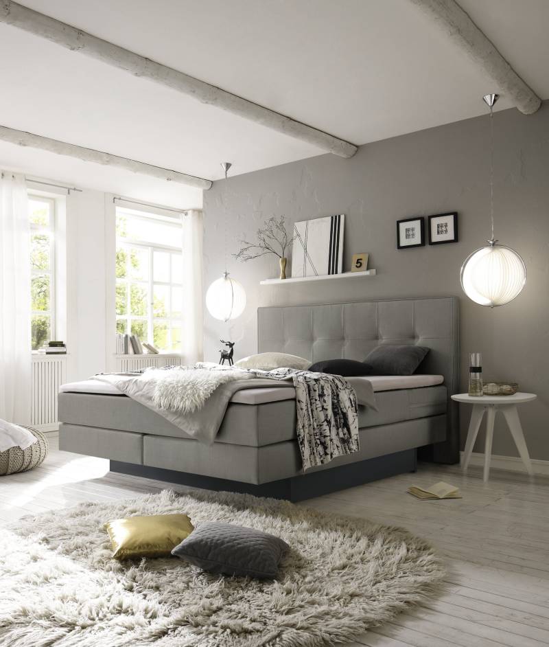 Hasena Boxspringbett inkl. Stauraum Miami, Farbe: ublade: MDF weiss / Front Bettkasten: 16-Buche anthracit deckend, lackiert, Bezugsfarbe: Pepe grey, verschiedene Größen