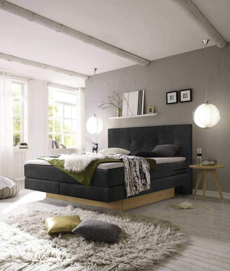 Hasena Boxspringbett inkl. Stauraum Miami, Farbe: ublade: MDF weiss / Front Bettkasten: 73-Eiche bianco, gebürstet, geölt, Bezugsfarbe: Kul smoke, verschiedene Größen