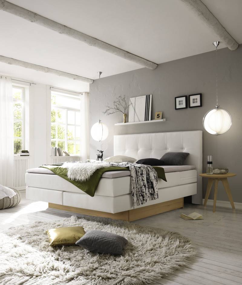 Hasena Boxspringbett inkl. Stauraum Miami, Farbe: ublade: MDF weiss / Front Bettkasten: 73-Eiche bianco, gebürstet, geölt, Bezugsfarbe: Kul white, verschiedene Größen