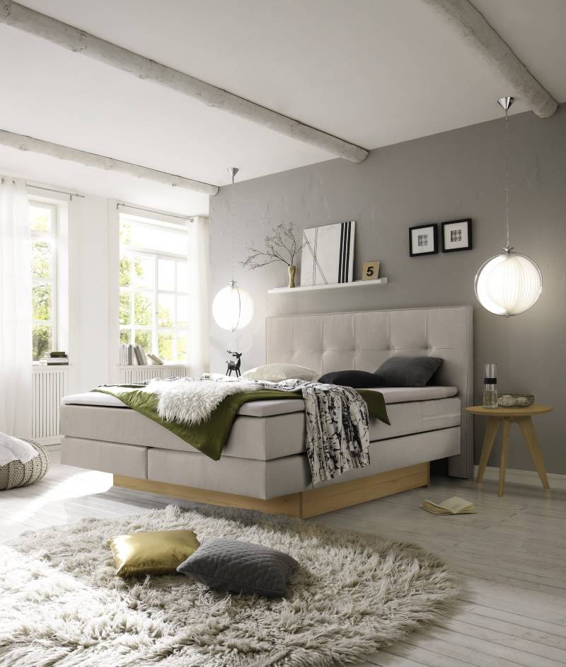Hasena Boxspringbett inkl. Stauraum Miami, Farbe: ublade: MDF weiss / Front Bettkasten: 73-Eiche bianco, gebürstet, geölt, Bezugsfarbe: Pepe beige, verschiedene Größen