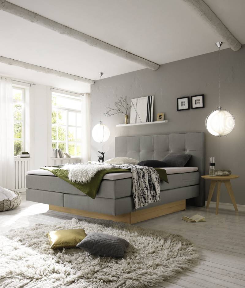 Hasena Boxspringbett inkl. Stauraum Miami, Farbe: ublade: MDF weiss / Front Bettkasten: 73-Eiche bianco, gebürstet, geölt, Bezugsfarbe: Pepe grey, verschiedene Größen
