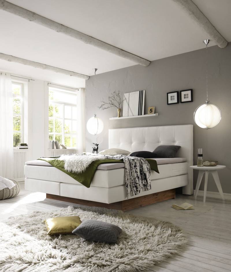 Hasena Boxspringbett inkl. Stauraum Miami, Farbe: ublade: MDF weiss / Front Bettkasten: 93-Wildeiche natur, gebürstet, geölt, Bezugsfarbe: Kul white, verschiedene Größen
