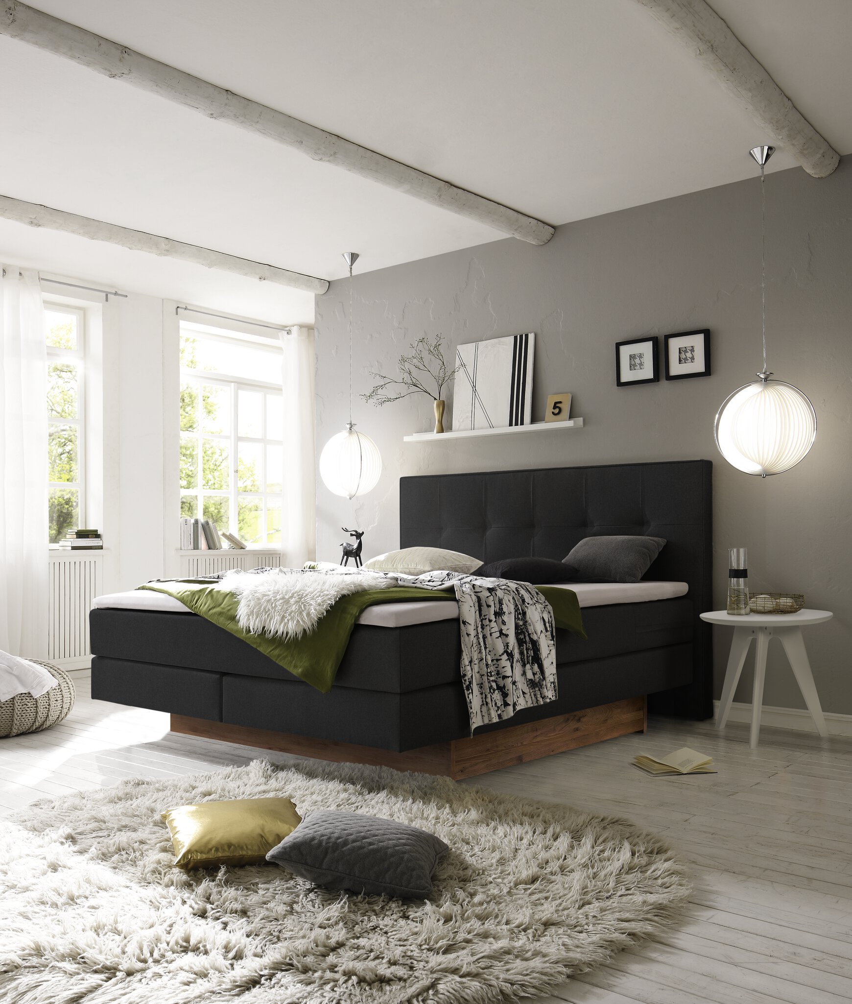 Hasena Boxspringbett inkl. Stauraum Miami, Farbe: ublade: MDF weiss / Front Bettkasten: 93-Wildeiche natur, gebürstet, geölt, Bezugsfarbe: Pepe anthrazit, verschiedene Größen