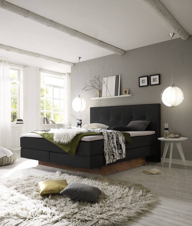 Hasena Boxspringbett inkl. Stauraum Miami, Farbe: ublade: MDF weiss / Front Bettkasten: 93-Wildeiche natur, gebürstet, geölt, Bezugsfarbe: Pepe anthrazit, verschiedene Größen