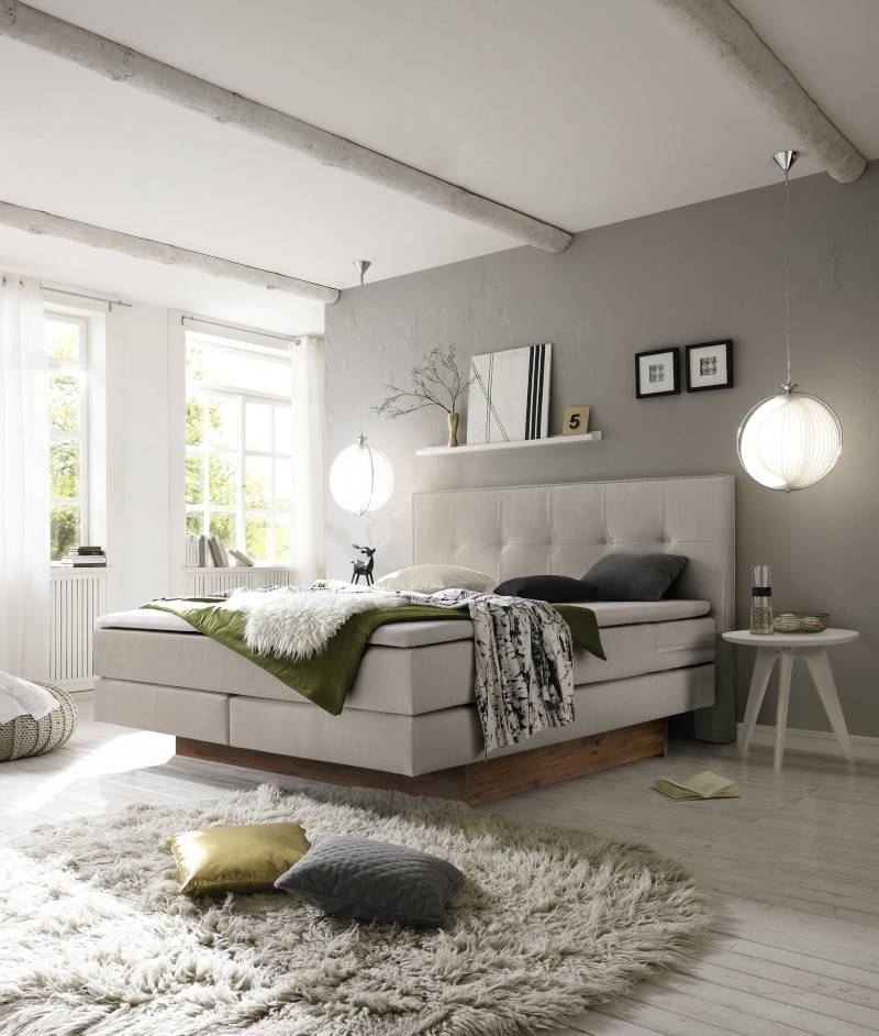 Hasena Boxspringbett inkl. Stauraum Miami, Farbe: ublade: MDF weiss / Front Bettkasten: 93-Wildeiche natur, gebürstet, geölt, Bezugsfarbe: Pepe beige, verschiedene Größen