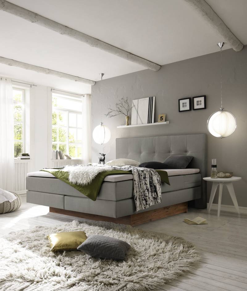 Hasena Boxspringbett inkl. Stauraum Miami, Farbe: ublade: MDF weiss / Front Bettkasten: 93-Wildeiche natur, gebürstet, geölt, Bezugsfarbe: Pepe grey, verschiedene Größen