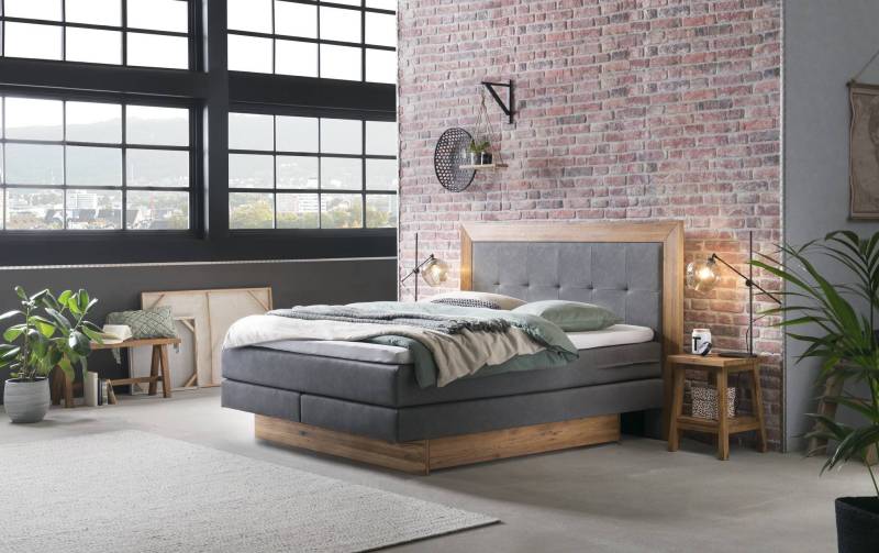 Hasena Boxspringbett inkl. Stauraum Texas, Farbe: ublade: MDF weiss / Front Bettkasten und Kopfteil: 93-Wildeiche natur, gebürstet, geölt, Bezugsfarbe: Kul smoke, verschiedene Größen