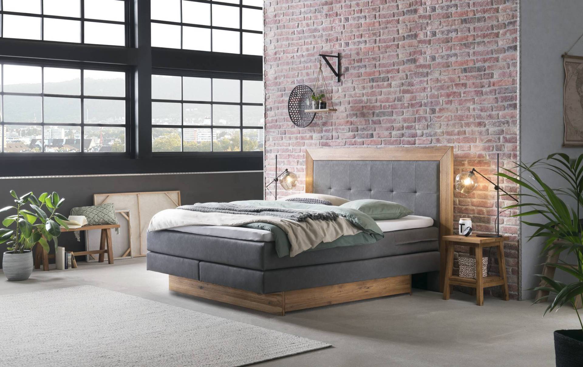 Hasena Boxspringbett inkl. Stauraum Texas, Farbe: ublade: MDF weiss / Front Bettkasten und Kopfteil: 93-Wildeiche natur, gebürstet, geölt, Bezugsfarbe: Kul smoke, verschiedene Größen
