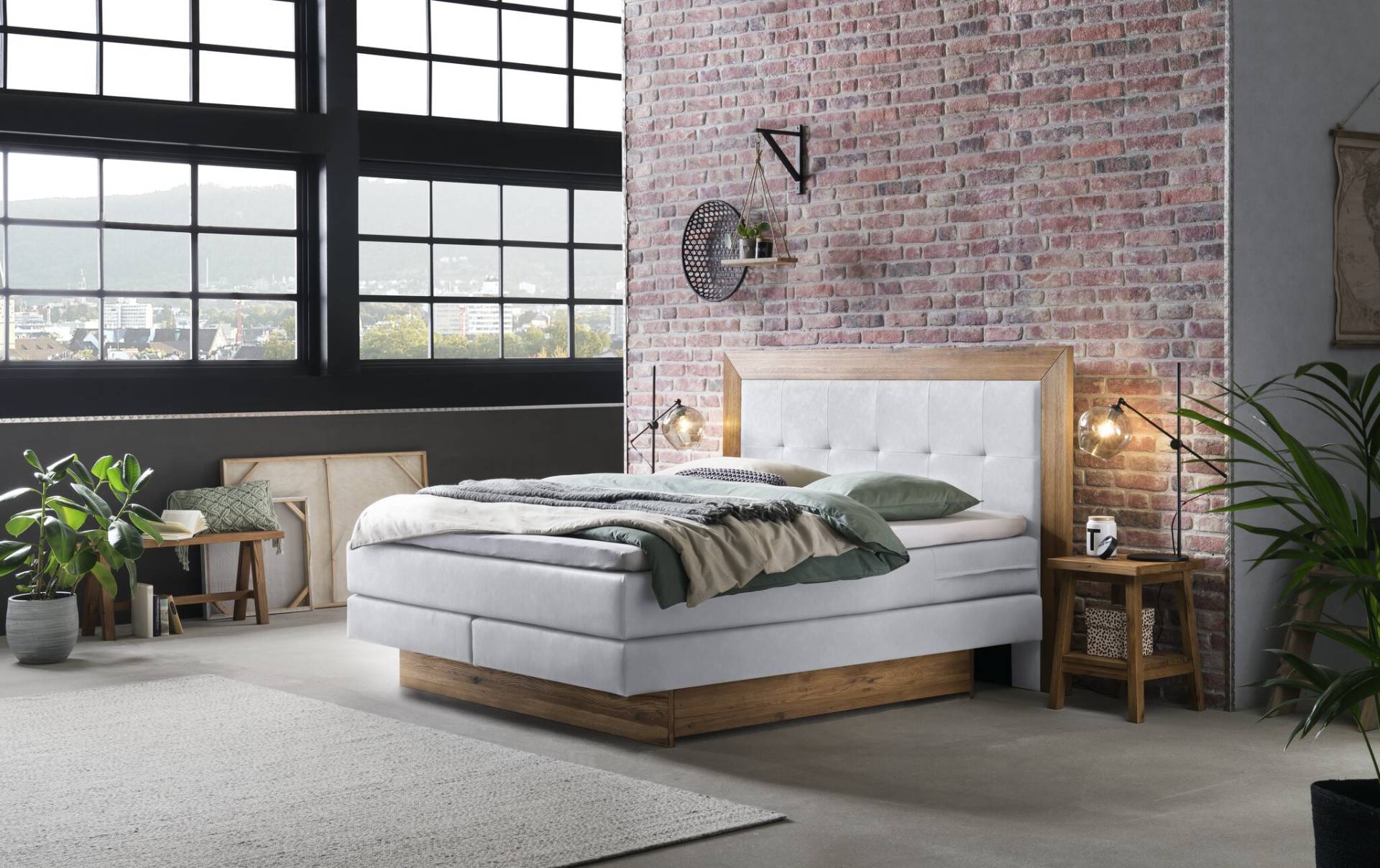 Hasena Boxspringbett inkl. Stauraum Texas, Farbe: ublade: MDF weiss / Front Bettkasten und Kopfteil: 93-Wildeiche natur, gebürstet, geölt, Bezugsfarbe: Kul white, verschiedene Größen