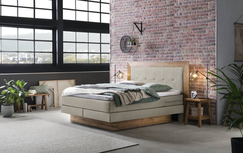 Hasena Boxspringbett inkl. Stauraum Texas, Farbe: ublade: MDF weiss / Front Bettkasten und Kopfteil: 93-Wildeiche natur, gebürstet, geölt, Bezugsfarbe: Pepe beige, verschiedene Größen