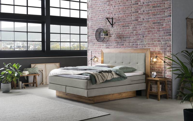 Hasena Boxspringbett inkl. Stauraum Texas, Farbe: ublade: MDF weiss / Front Bettkasten und Kopfteil: 93-Wildeiche natur, gebürstet, geölt, Bezugsfarbe: Pepe grey, verschiedene Größen