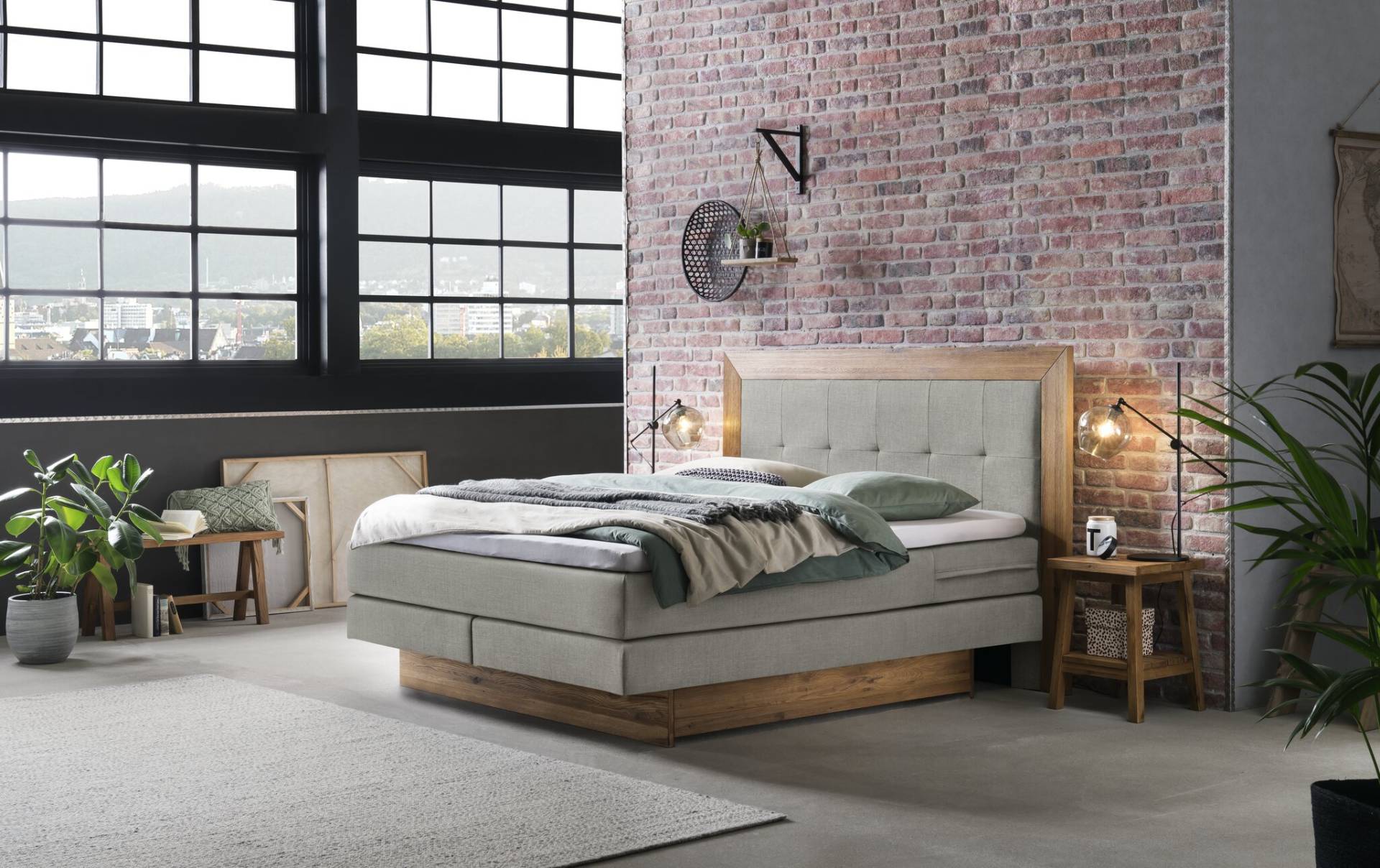 Hasena Boxspringbett inkl. Stauraum Texas, Farbe: ublade: MDF weiss / Front Bettkasten und Kopfteil: 93-Wildeiche natur, gebürstet, geölt, Bezugsfarbe: Pepe grey, verschiedene Größen
