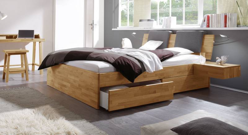 Doppelbett mit Bettkasten - 180x200 cm - Kernbuche natur - Stauraumbett Manchester