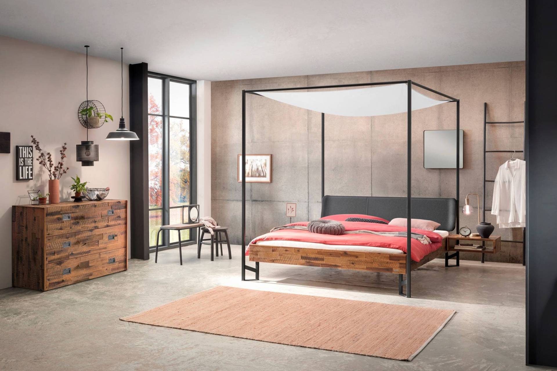 Hasena Himmelbett Bogina, Farbe: Akazie Vintage brown, lackiert, Bezugsfarbe: Kul smoke, Metallfarbe: Anthracit, verschiedene Größen Hasena Himmelbett Bogina, Farbe: Akazie Vintage brown, lackiert, Bezugsfarbe: Kul smoke, Metallfarbe: Anthracit, verschiedene Größen