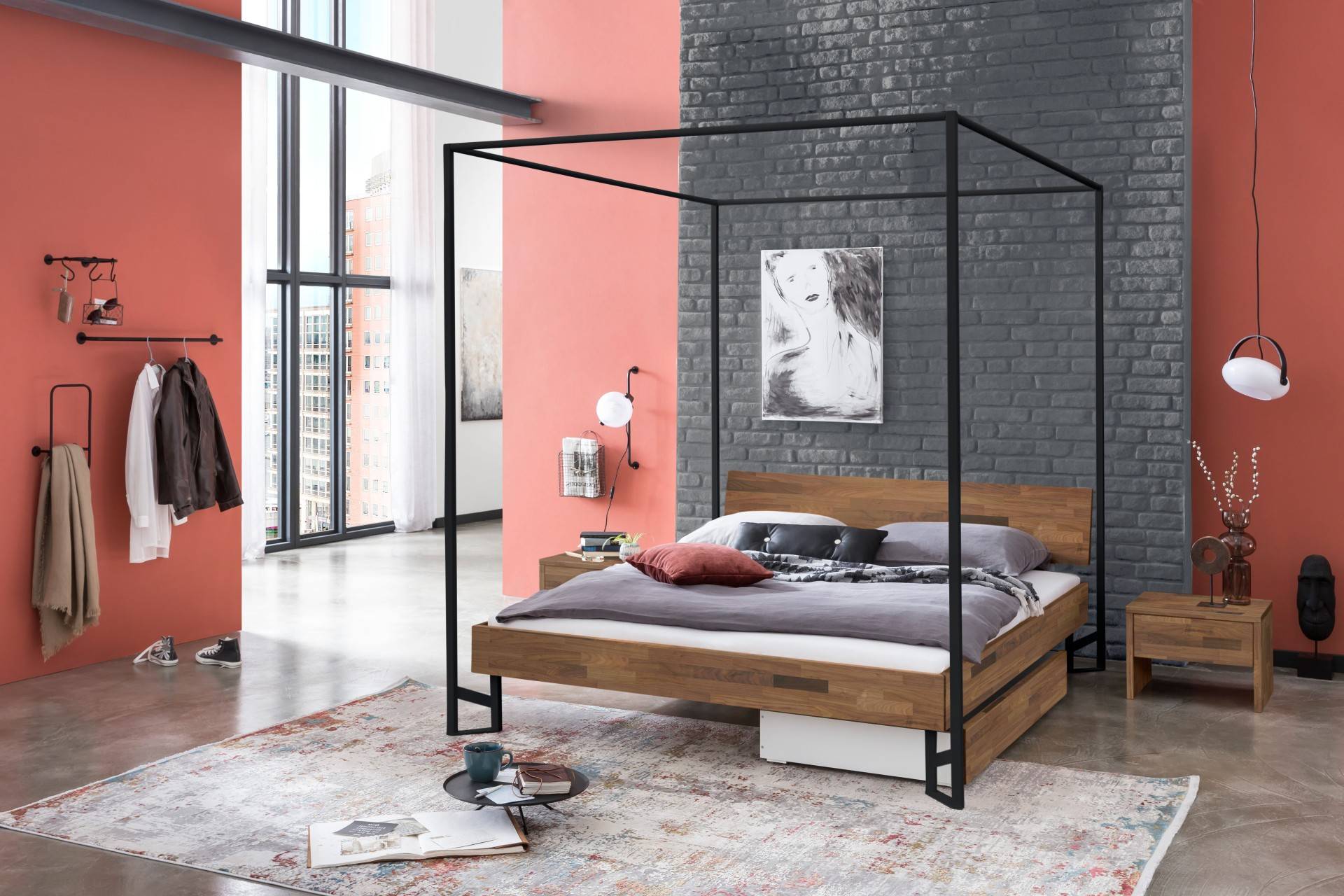 Hasena Himmelbett Lunito, Farbe: Nussbaum, geölt, Metallfarbe: Anthracit, verschiedene Größen Hasena Himmelbett Lunito, Farbe: Nussbaum, geölt, Metallfarbe: Anthracit, verschiedene Größen