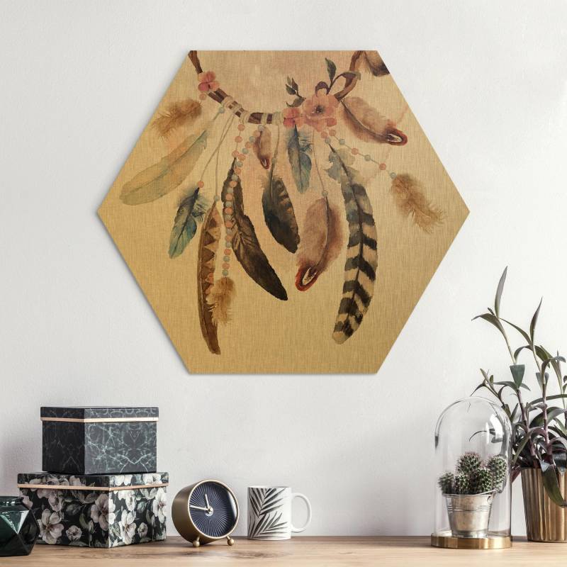 Hexagon-Alu-Dibond Bild Traumfänger mit Rosen und Federn